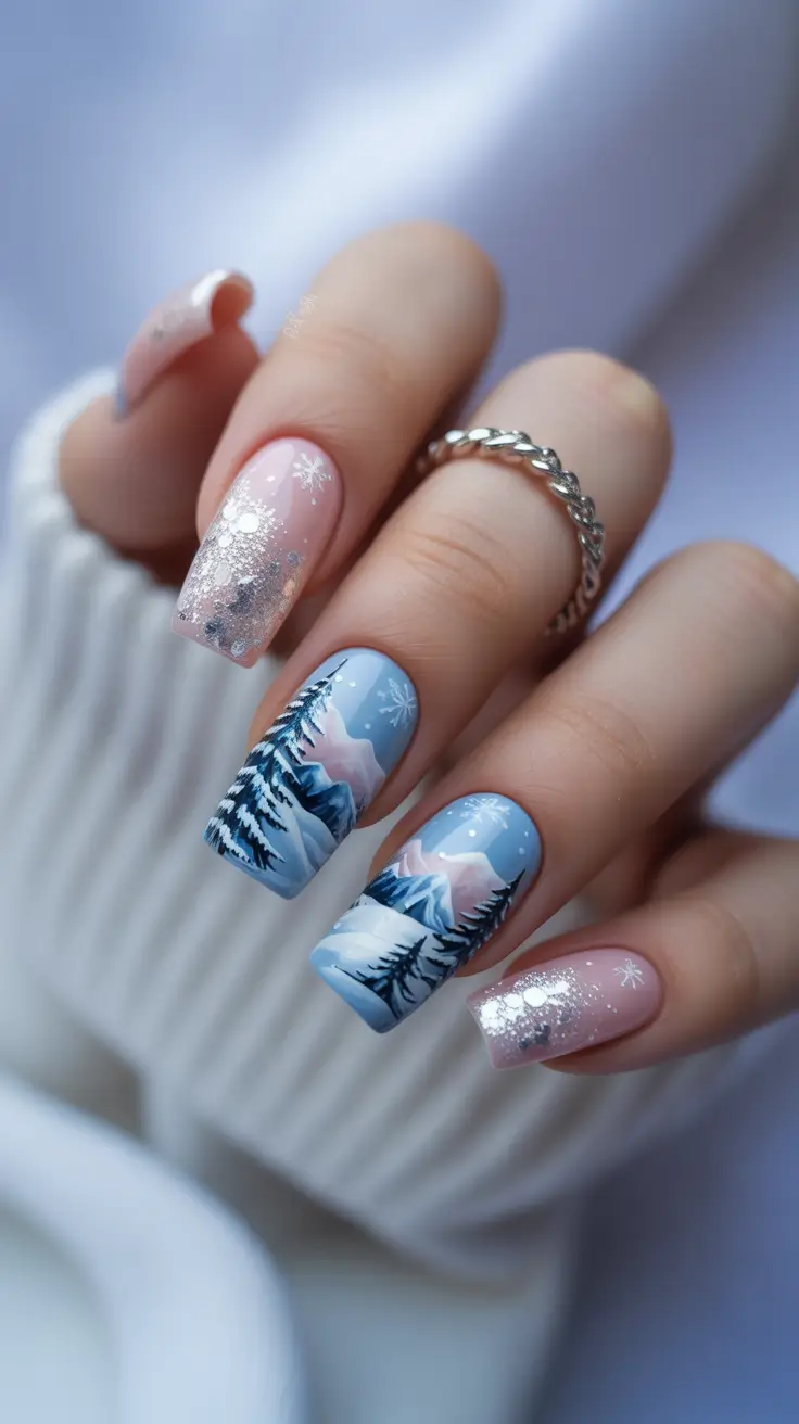 Trendy Christmas Tree Nail Ideas 2025 Frosty Mountain Glow