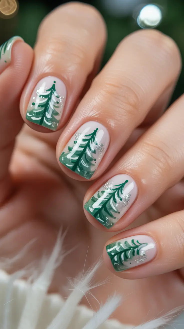 Trendy Christmas Tree Nail Ideas 2025 Short and Snowy Pines