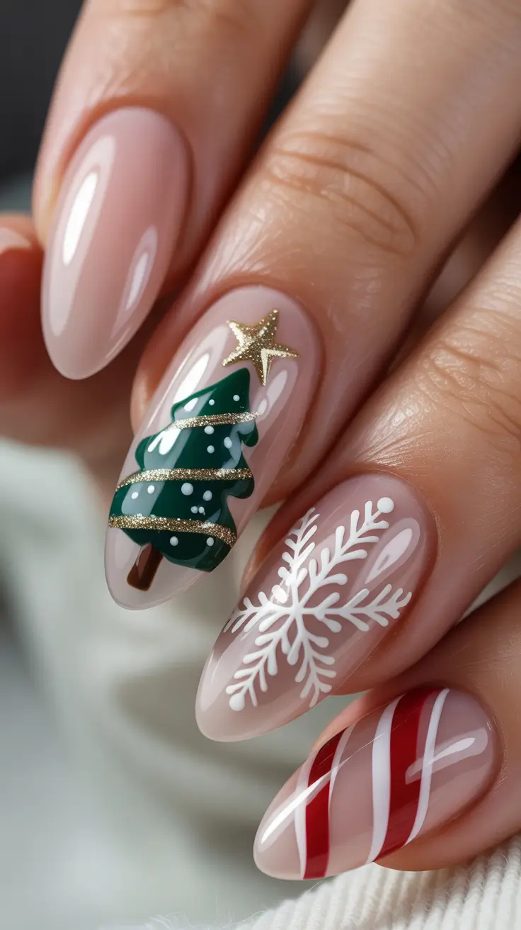 Trendy Christmas Tree Nail Ideas 2025 Classic Candy Tree Magic
