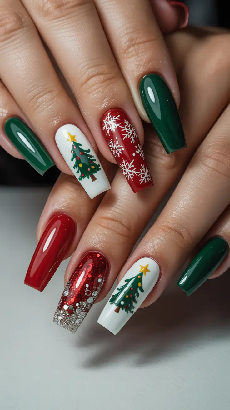 Trendy Christmas Tree Nail Ideas 2025 Classic Red and Evergreen Charm