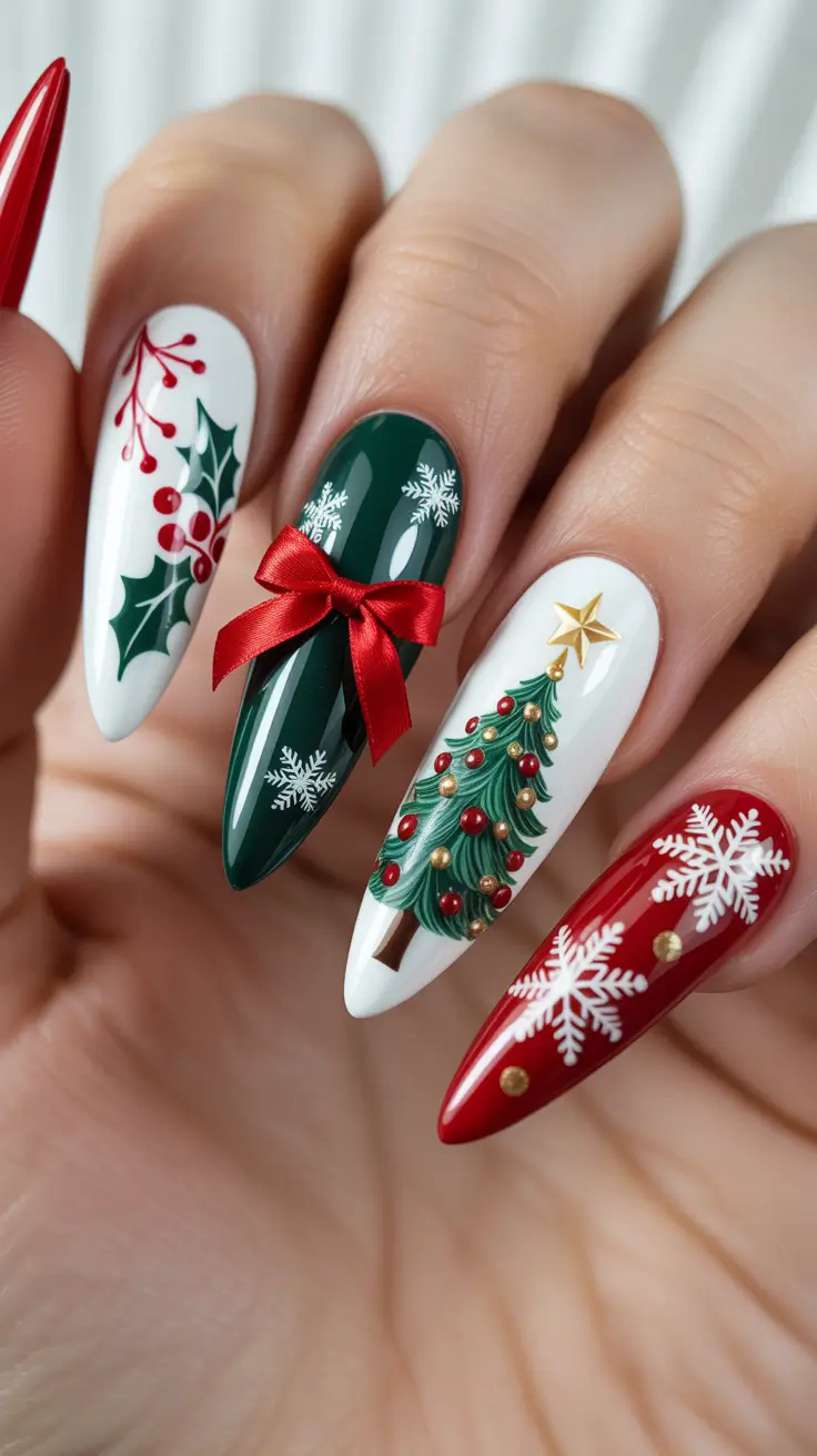 Trendy Christmas Tree Nail Ideas 2025 Holly Jolly Bow Nails