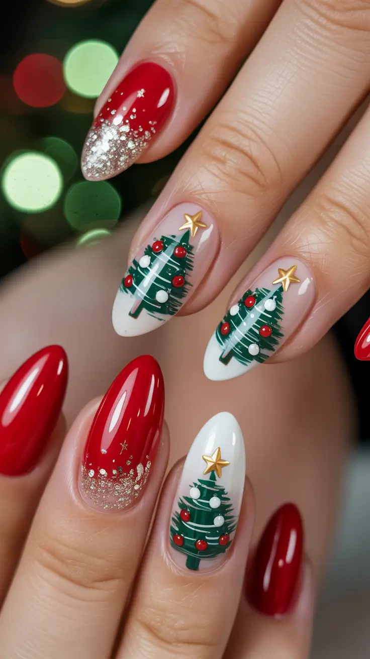Trendy Christmas Tree Nail Ideas 2025 Classic Red and Green Cheer