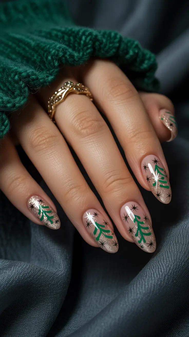 Trendy Christmas Tree Nail Ideas 2025 Midnight Sparkle Pines