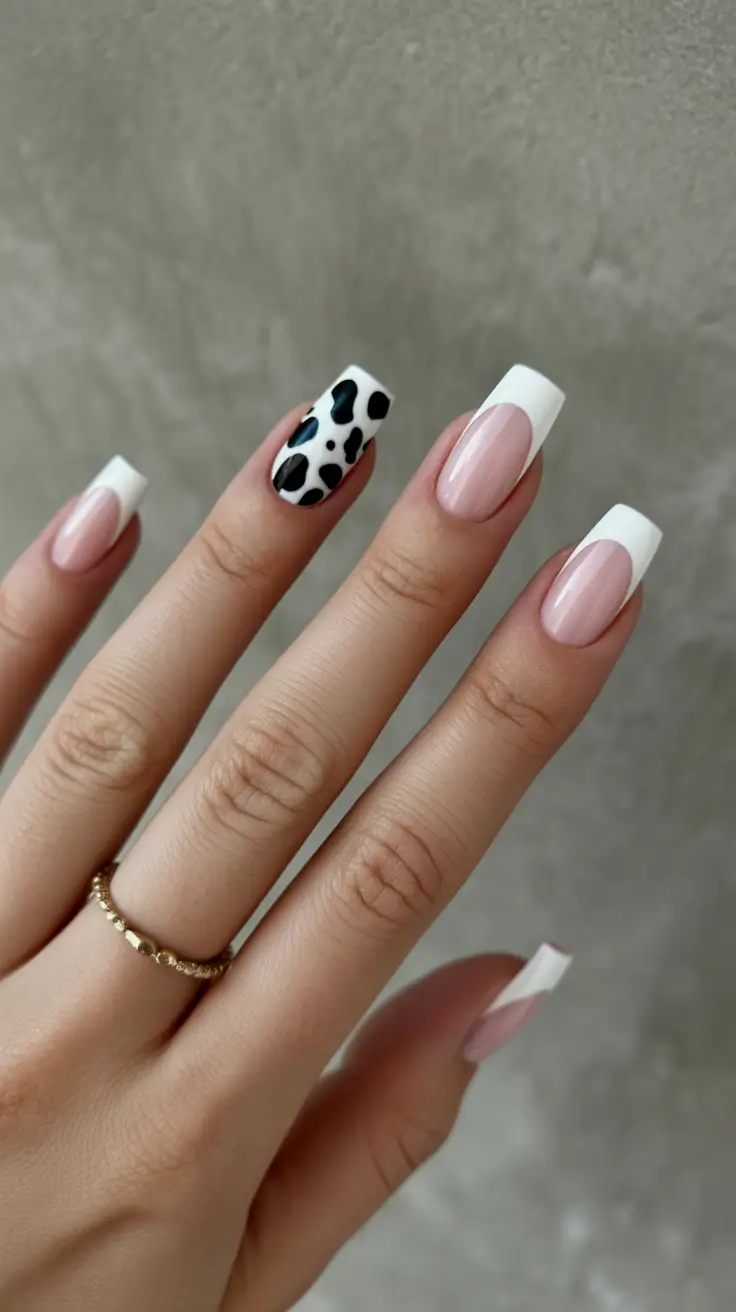 Trendy French Nail Ideas Christmas 2025 Playful Cow Print Twist