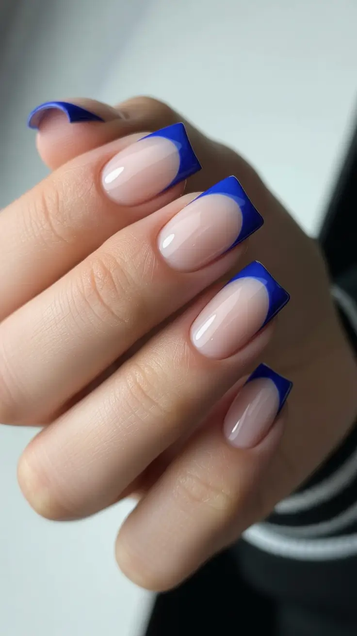 Trendy French Nail Ideas Christmas 2025 Royal Blue Square Tips