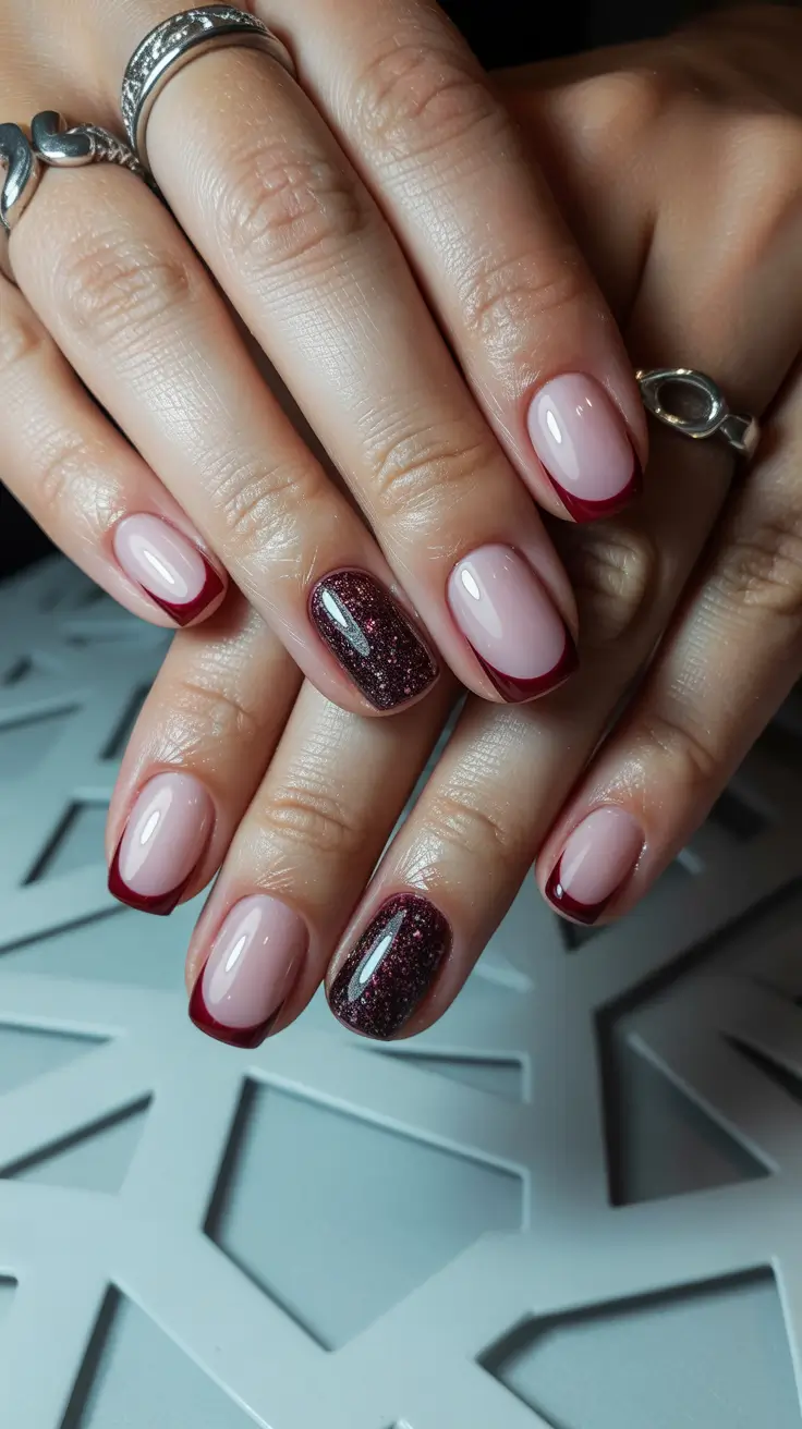 Trendy French Nail Ideas Christmas 2025 Wine & Glitter Bliss