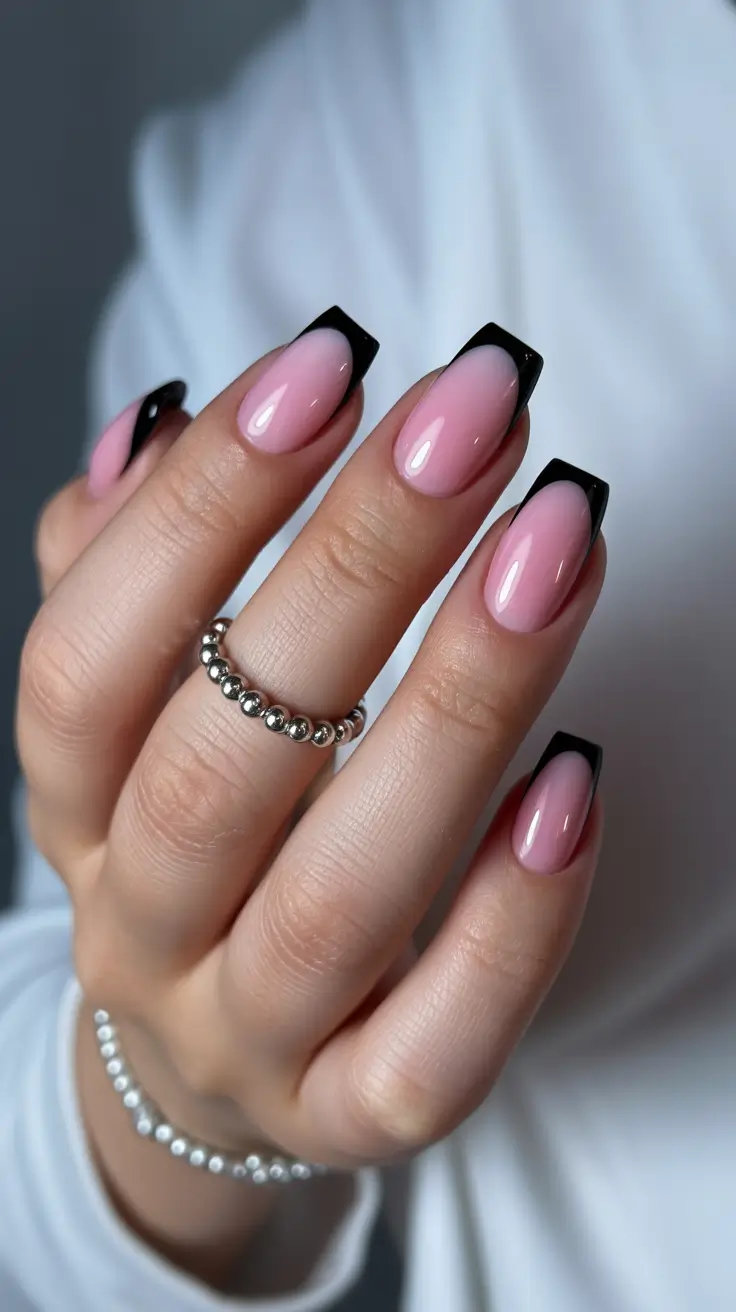 Trendy French Nail Ideas Christmas 2025 Soft Black Tips