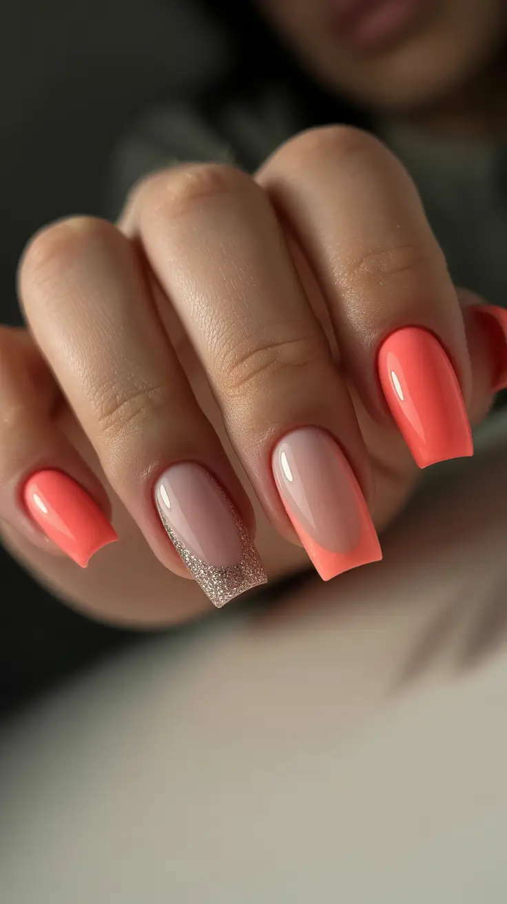 Trendy French Nail Ideas Christmas 2025 Peach Glow with Glitter Accent