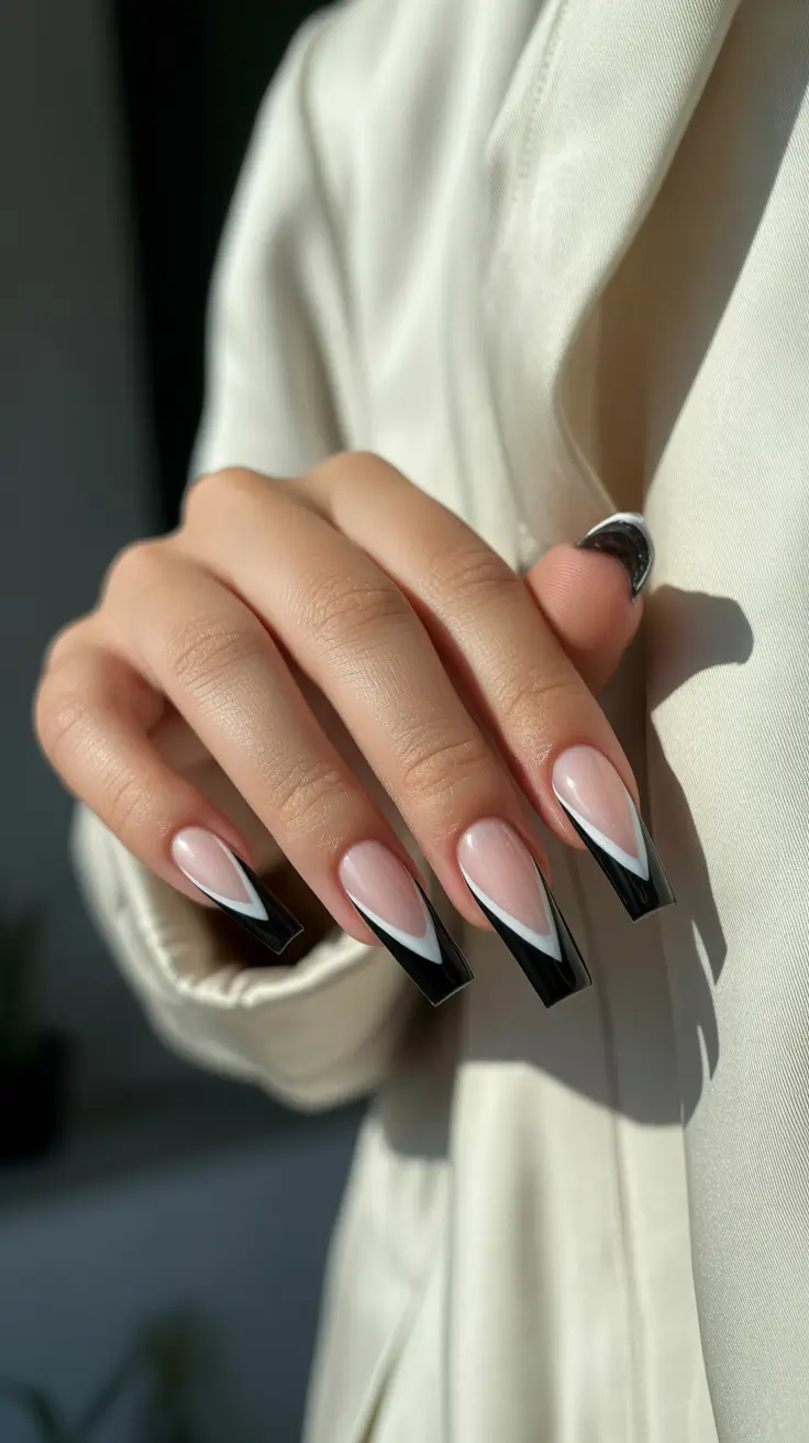 Trendy French Nail Ideas Christmas 2025 Black & White Edge Chic