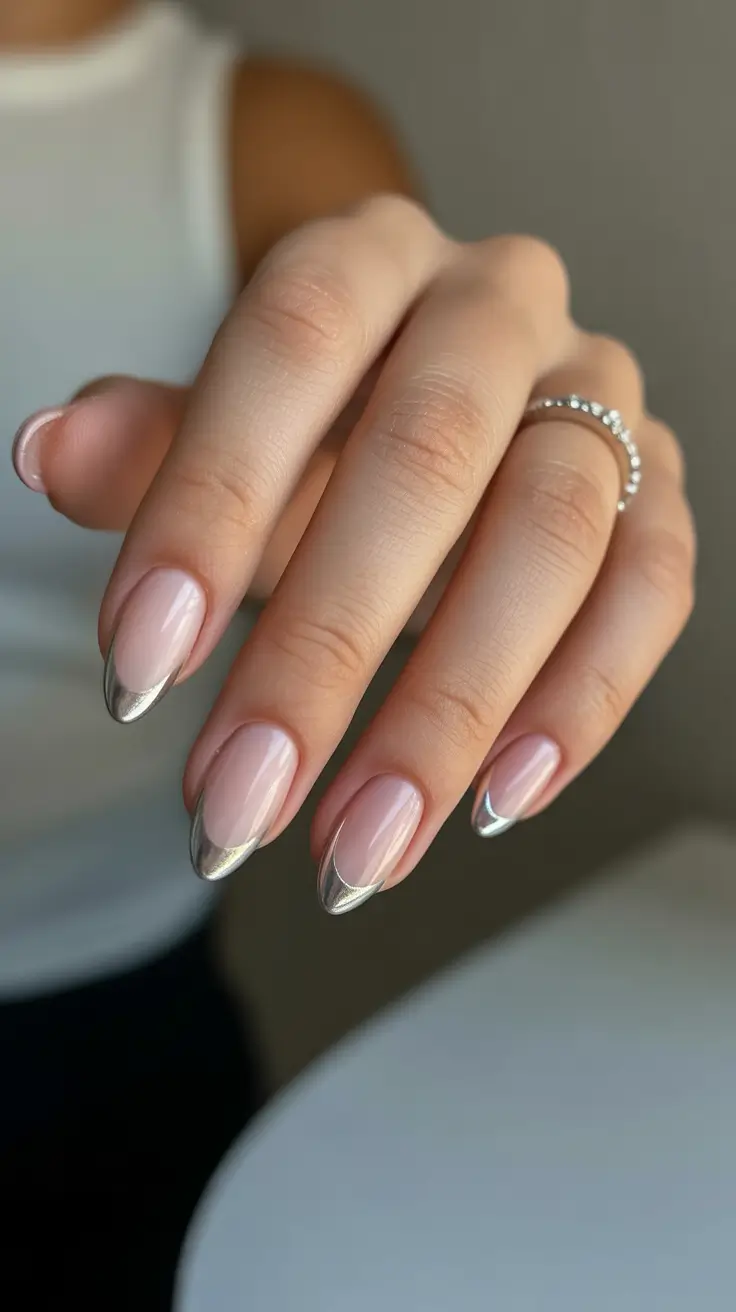 Trendy French Nail Ideas Christmas 2025 Silver Chrome French Elegance