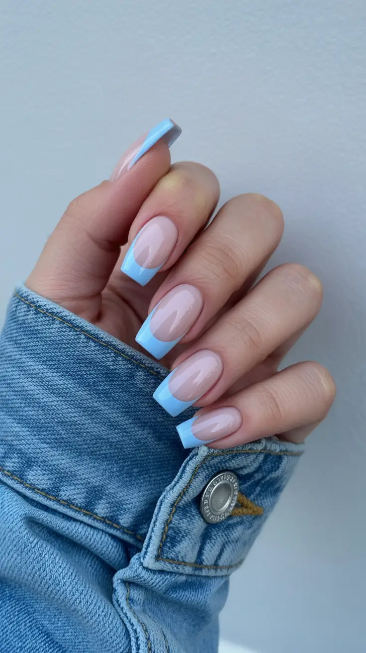 Trendy French Nail Ideas Christmas 2025 Blue Frost French Square