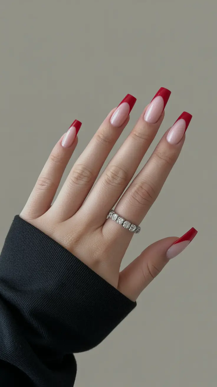 Trendy French Nail Ideas Christmas 2025 Cherry-Red Elegance