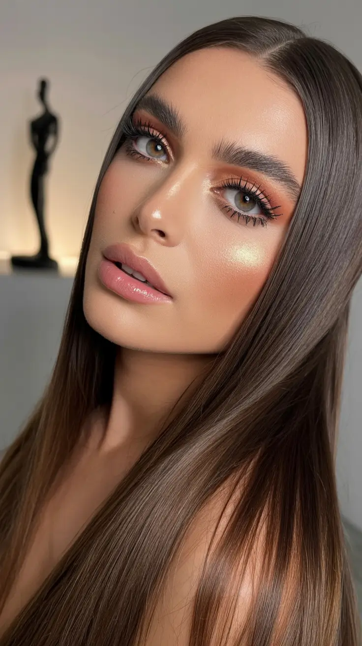 Trendy Round Face Winter Haircut Ideas 2025-2026 Ultra Sleek Center-Parted Long Hair
