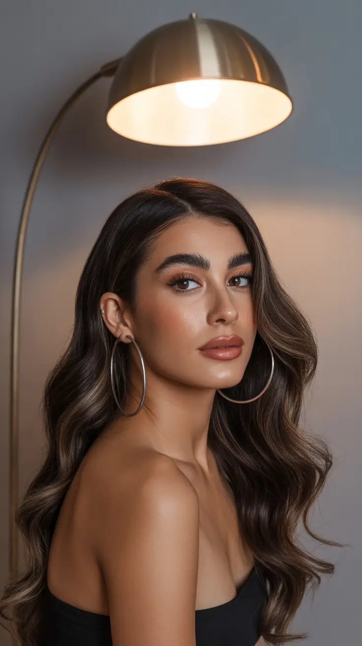 Trendy Round Face Winter Haircut Ideas 2025-2026 Glossy Waves with Volume and Side Part