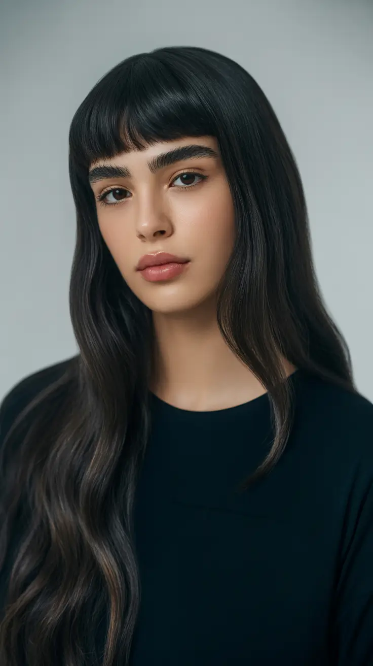Trendy Round Face Winter Haircut Ideas 2025-2026 Sleek Long Hair with Soft Fringe