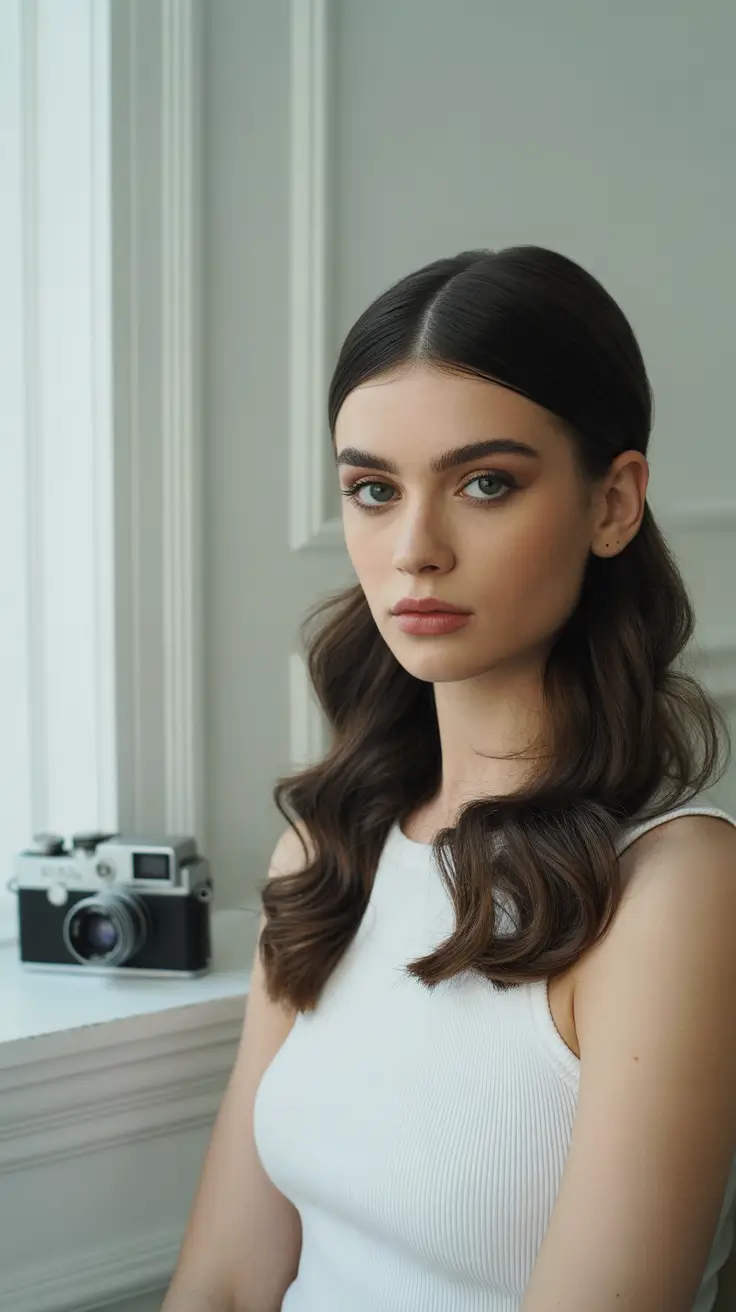 Trendy Round Face Winter Haircut Ideas 2025-2026 Classic Long Waves with a Middle Part