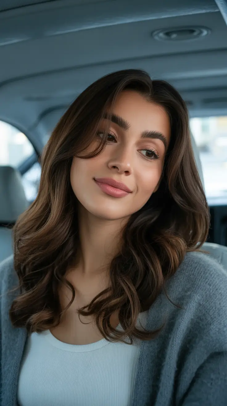 Trendy Round Face Winter Haircut Ideas 2025-2026 Long Wavy Layers with Soft Curtain Bangs