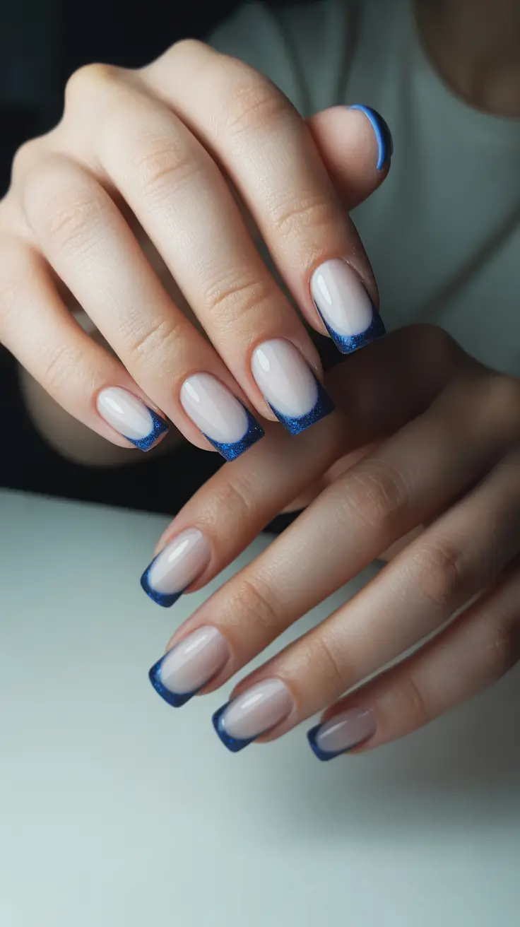 Trendy Short Winter Nail 2025-2026 Midnight French with Sparkle