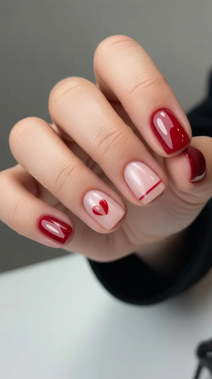 Trendy Short Winter Nail 2025-2026 Sweetheart Red Accents