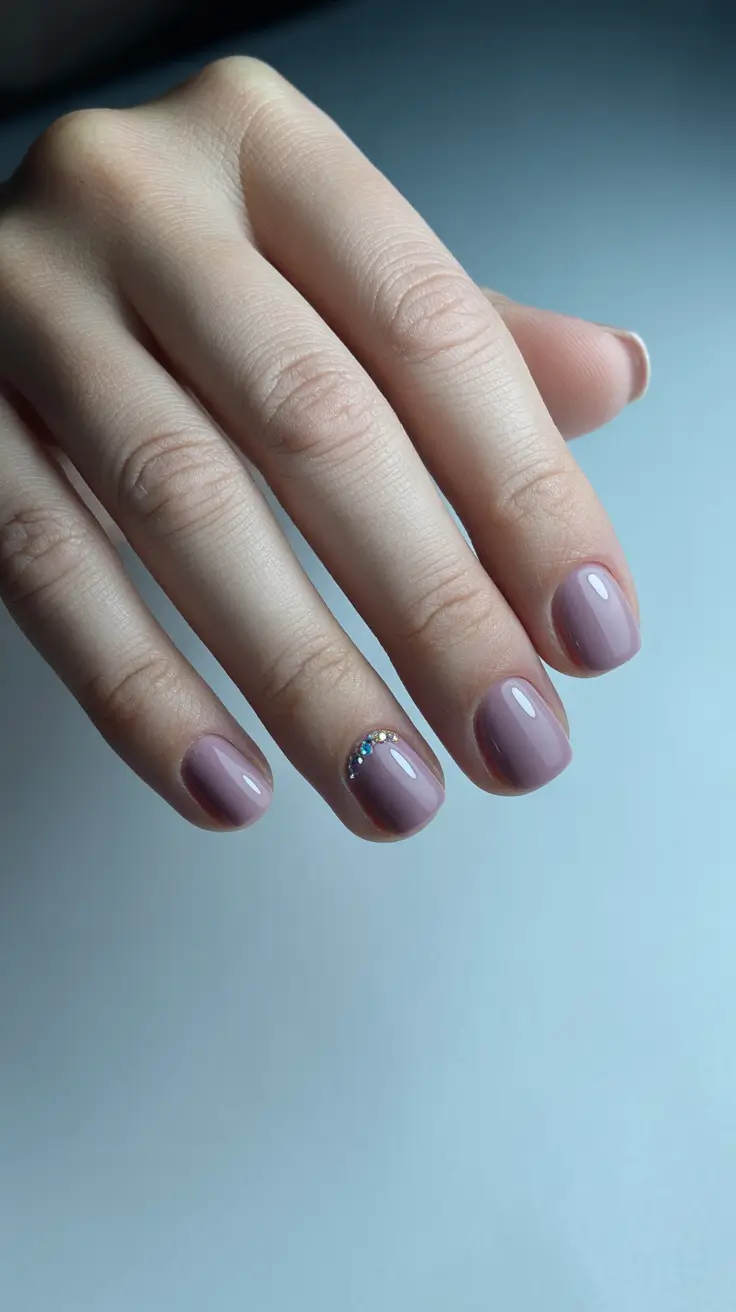 Trendy Short Winter Nail 2025-2026 Muted Taupe with Gem Accent