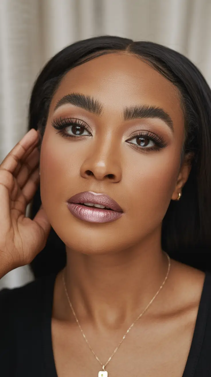 Winter 2025-2026 Hairstyles for Black Women Glossy Straight with Shimmer Makeup