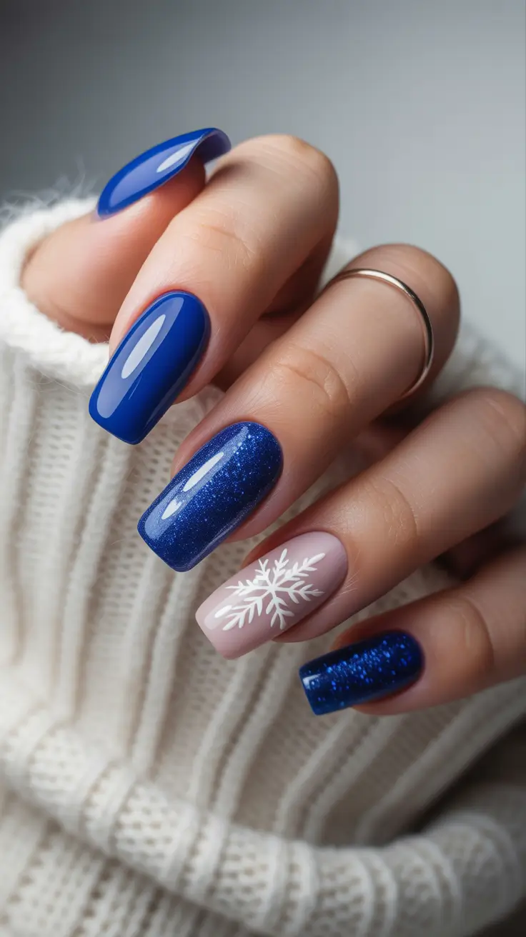 Winter 2025-2026: Nails Ideas Royal Blue Spark & Snowflake