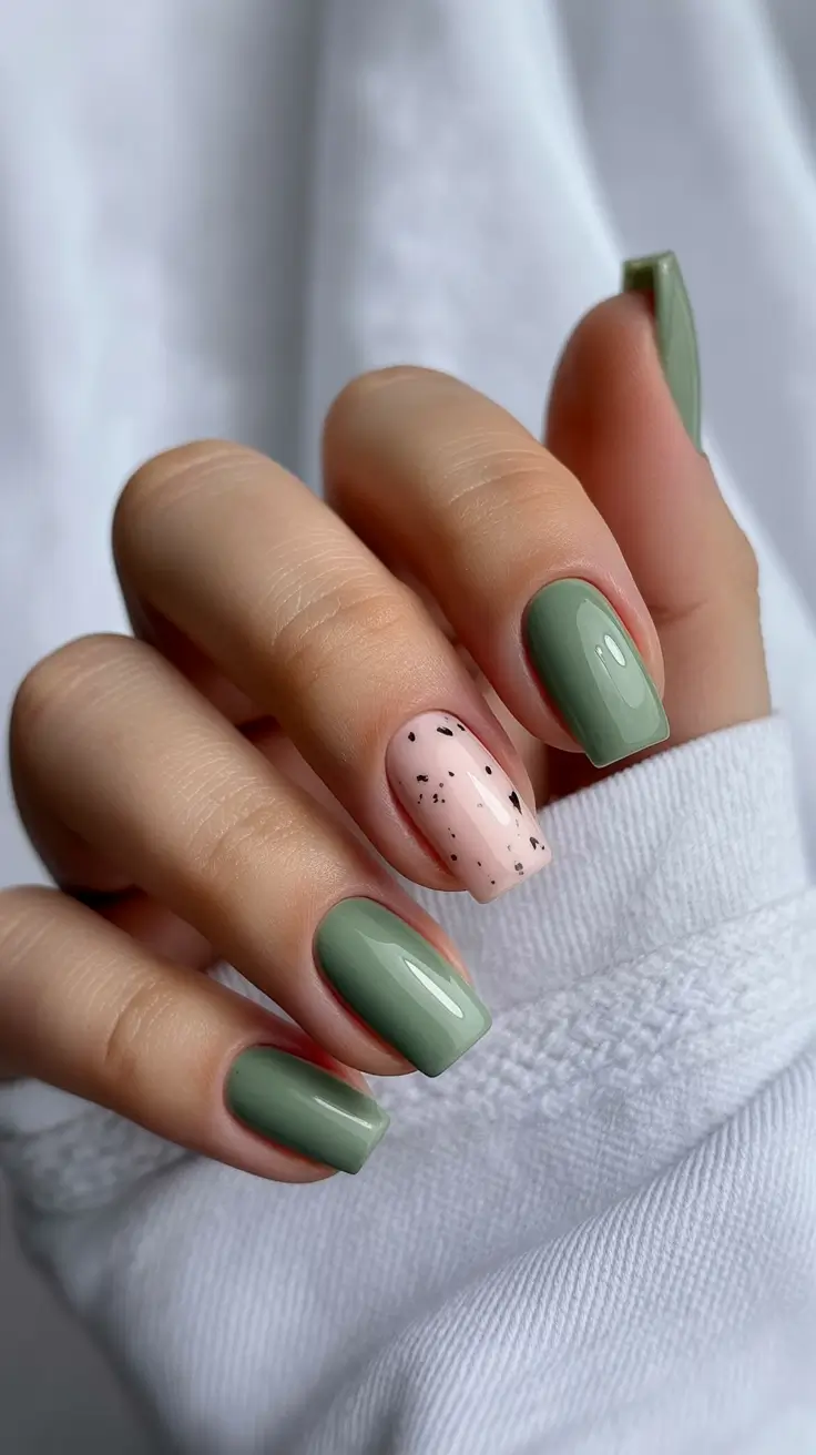 Winter Nail Colors and Designs Ideas 2025-2026 Muted Sage Speckled Accent