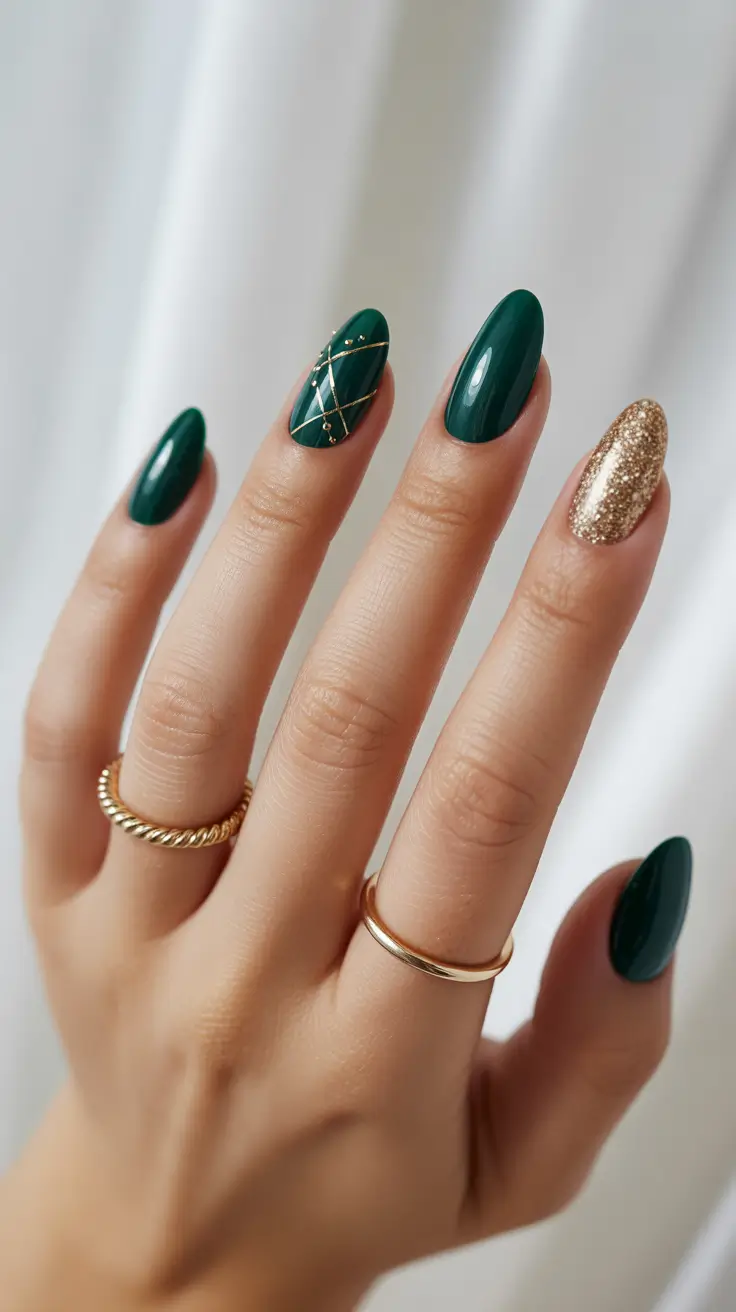 Winter Nail Colors and Designs Ideas 2025-2026 Festive Emerald and Gold