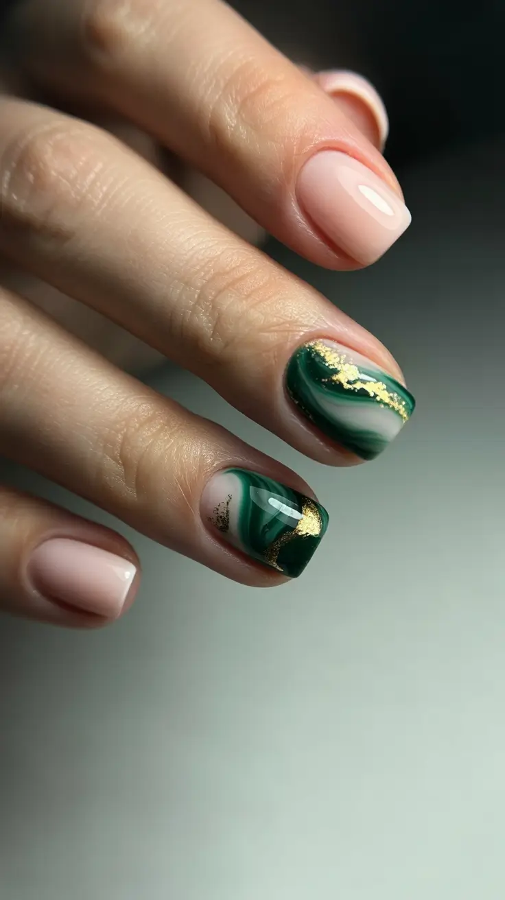 Winter Short Gel Nails Color and Design: 2025 / 2026 Emerald Veins