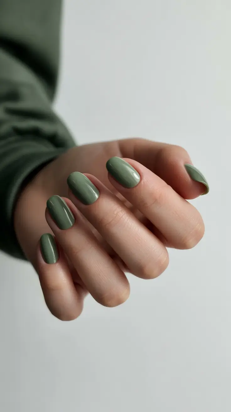 Winter Short Gel Nails Color and Design: 2025 / 2026 Olive Mist