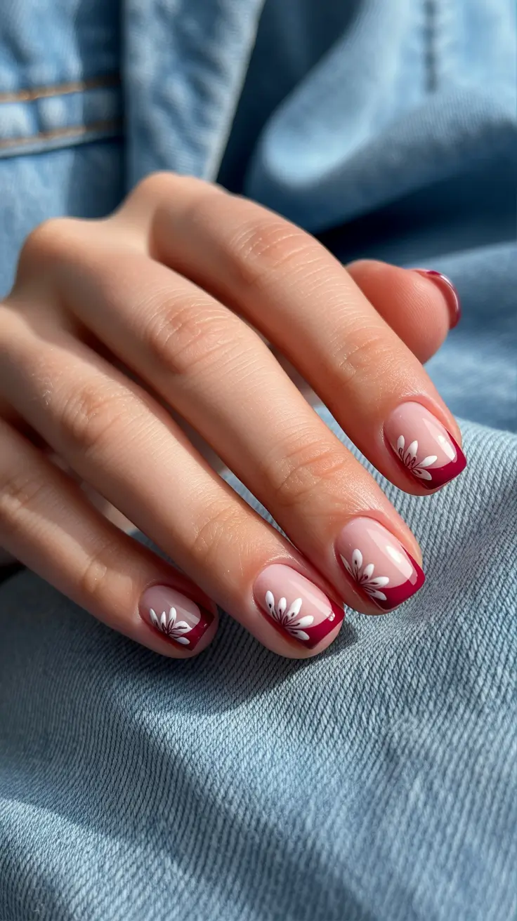 Winter Short Gel Nails Color and Design: 2025 / 2026 Burgundy Blossom Tips