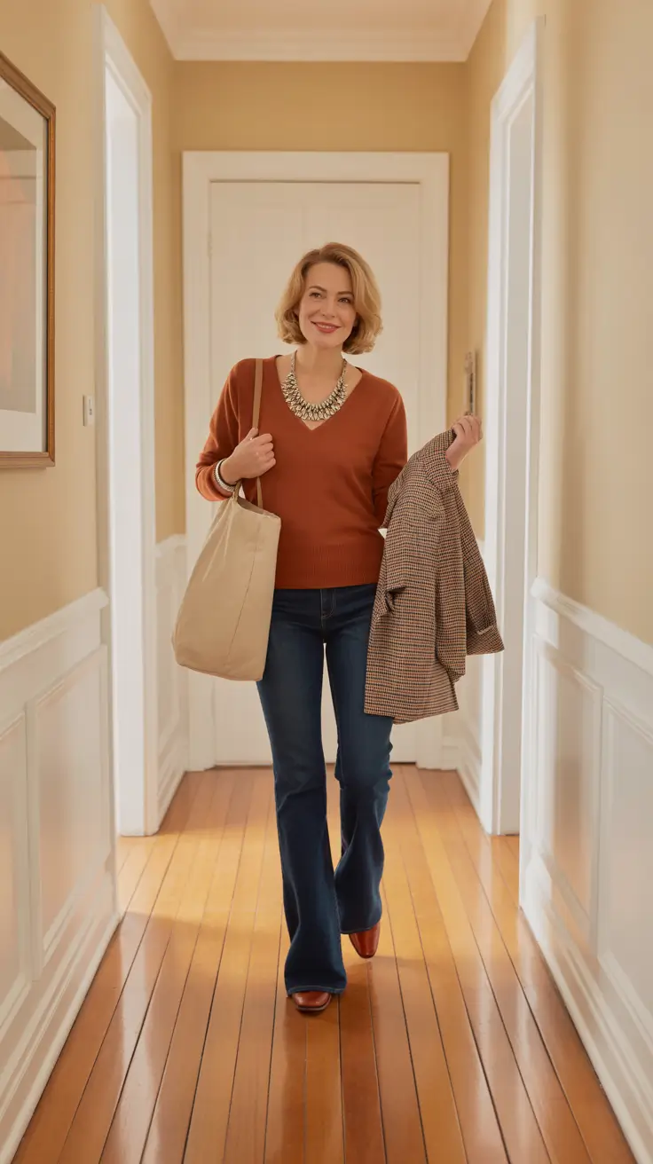 best outfits for women over 40 in 2026 Autumn Rust and Denim Revival