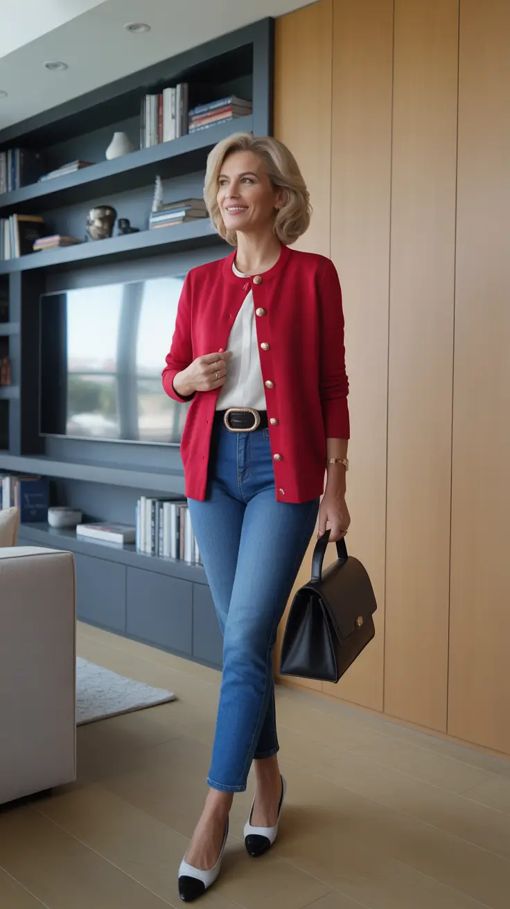 best outfits for women over 40 in 2026 Red Cardigan Confidence