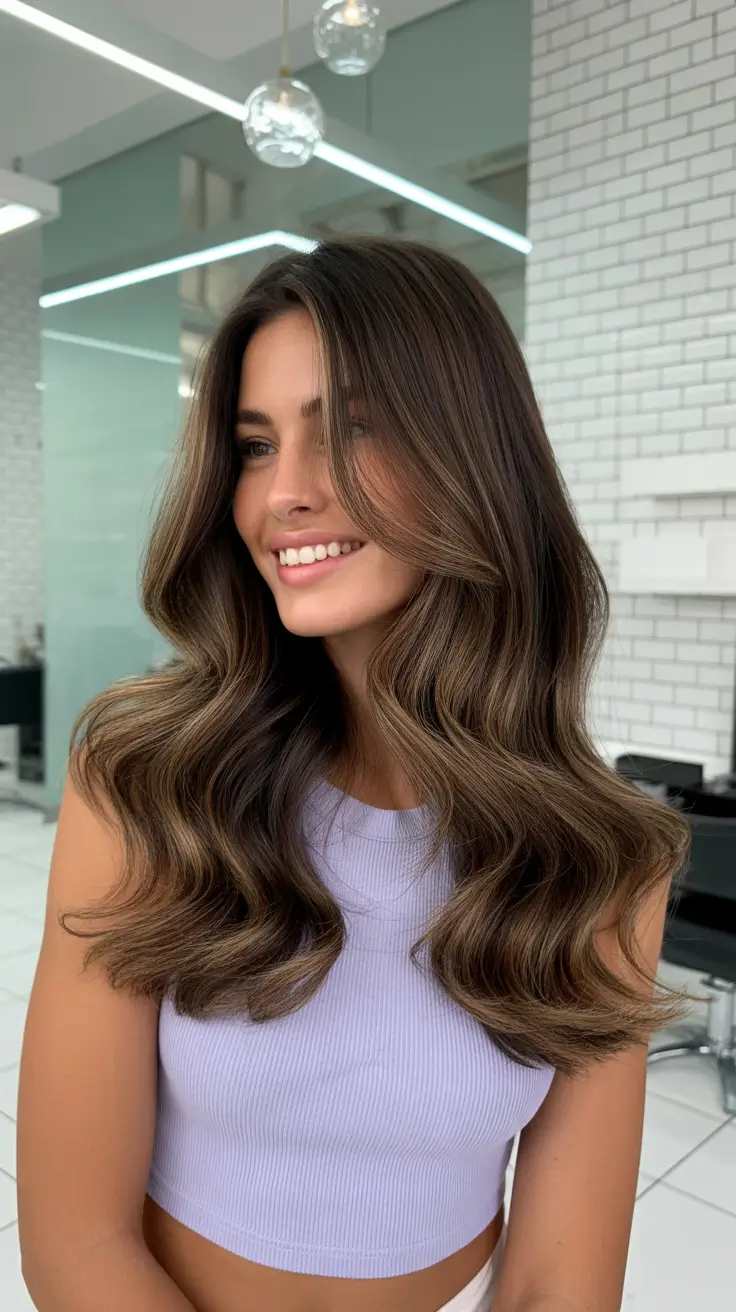 brown hair colors 2026 Soft Waves in Honey Tea Brunette