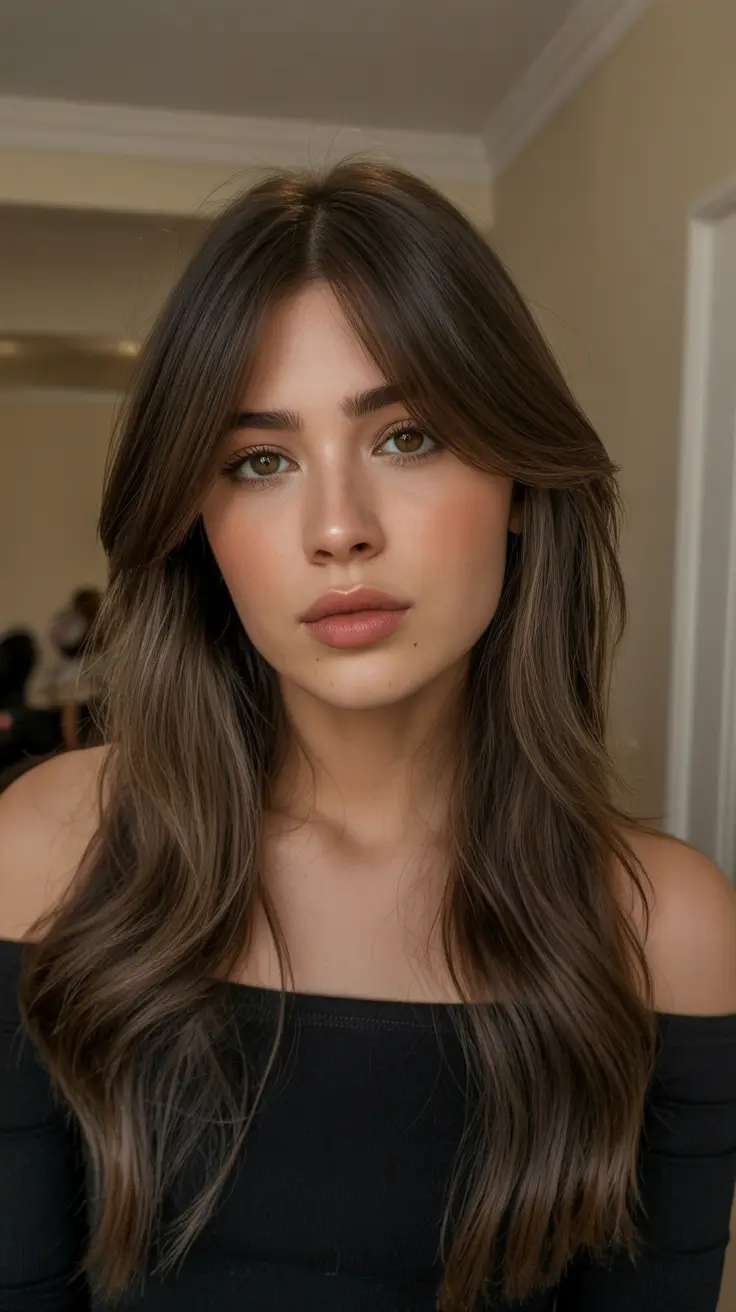 brown hair colors 2026 Ash Brown Curtain Layers