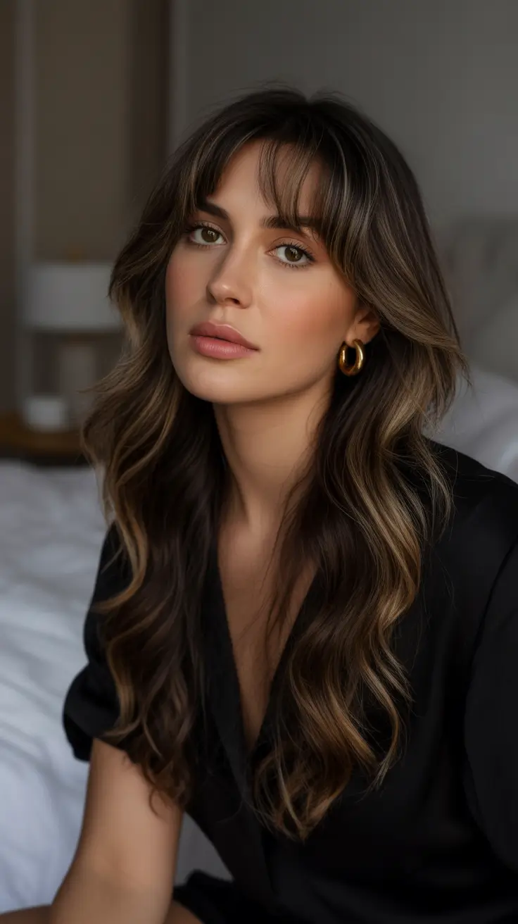 brown hair colors 2026 Caramel Ribbon Brunette with Curtain Bangs