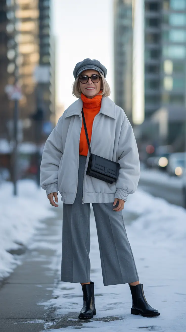 chic outfits for women over 50 in 2026 cool gray and bold orange energy