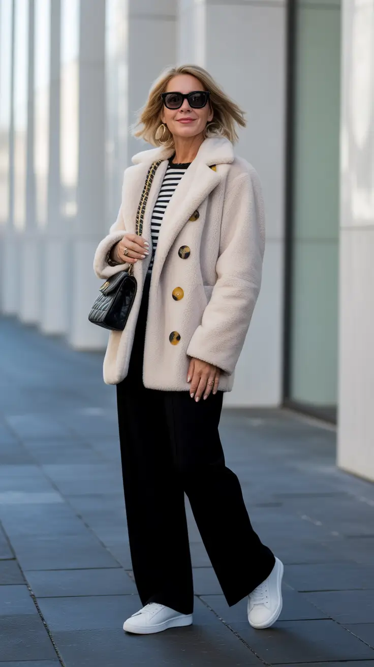 chic outfits for women over 50 in 2026 winter whites and stripes