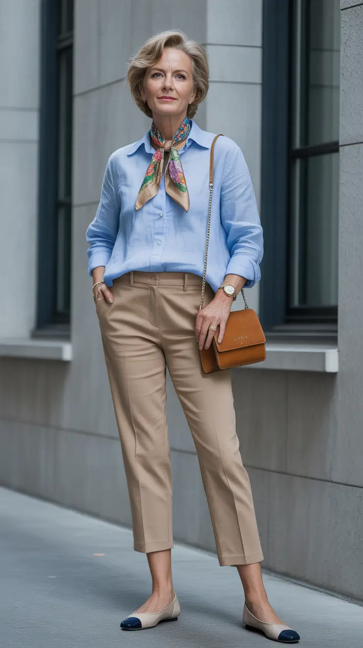 chic outfits for women over 50 in 2026 soft blues and tailored calm
