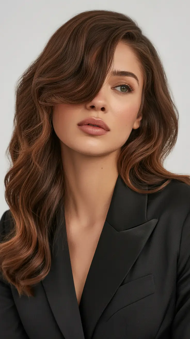Chocolate brown hair color 2026 with caramel lights Caramel-Edged Elegance