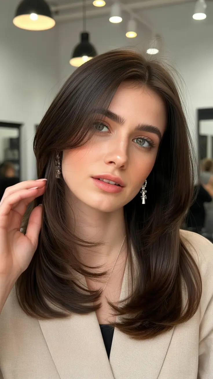 Chocolate brown hair color 2026 with caramel lights Polished Mocha Layers