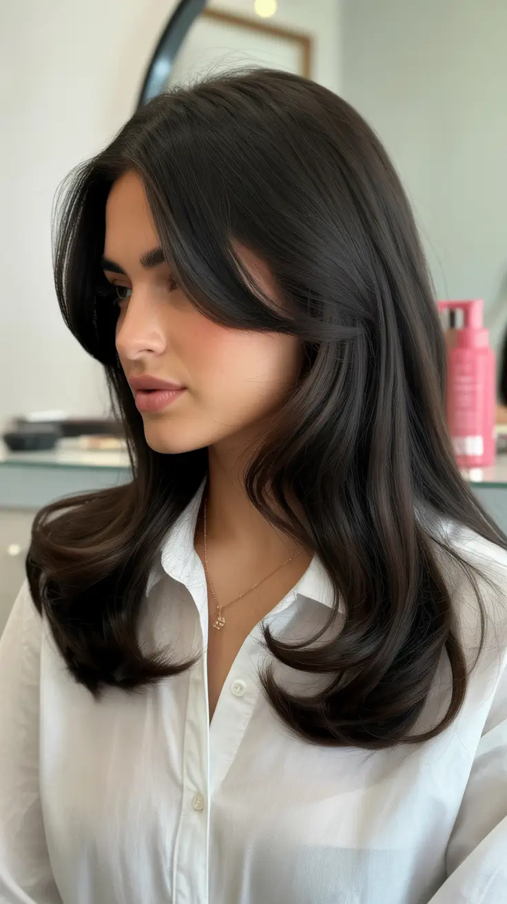 Chocolate brown hair color 2026 with caramel lights Soft Mocha Layers