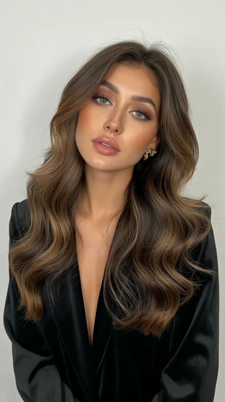 Chocolate brown hair color 2026 with caramel lights Golden Mocha Luxe