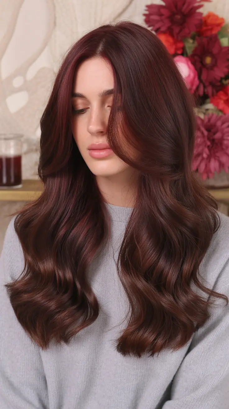 Chocolate brown hair color 2026 with caramel lights Deep Cocoa Velvet
