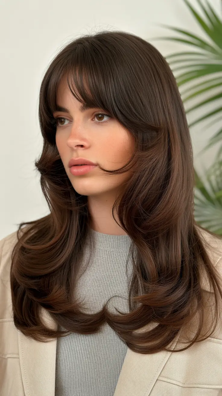 Chocolate brown hair color 2026 with caramel lights Warm Chestnut Flow