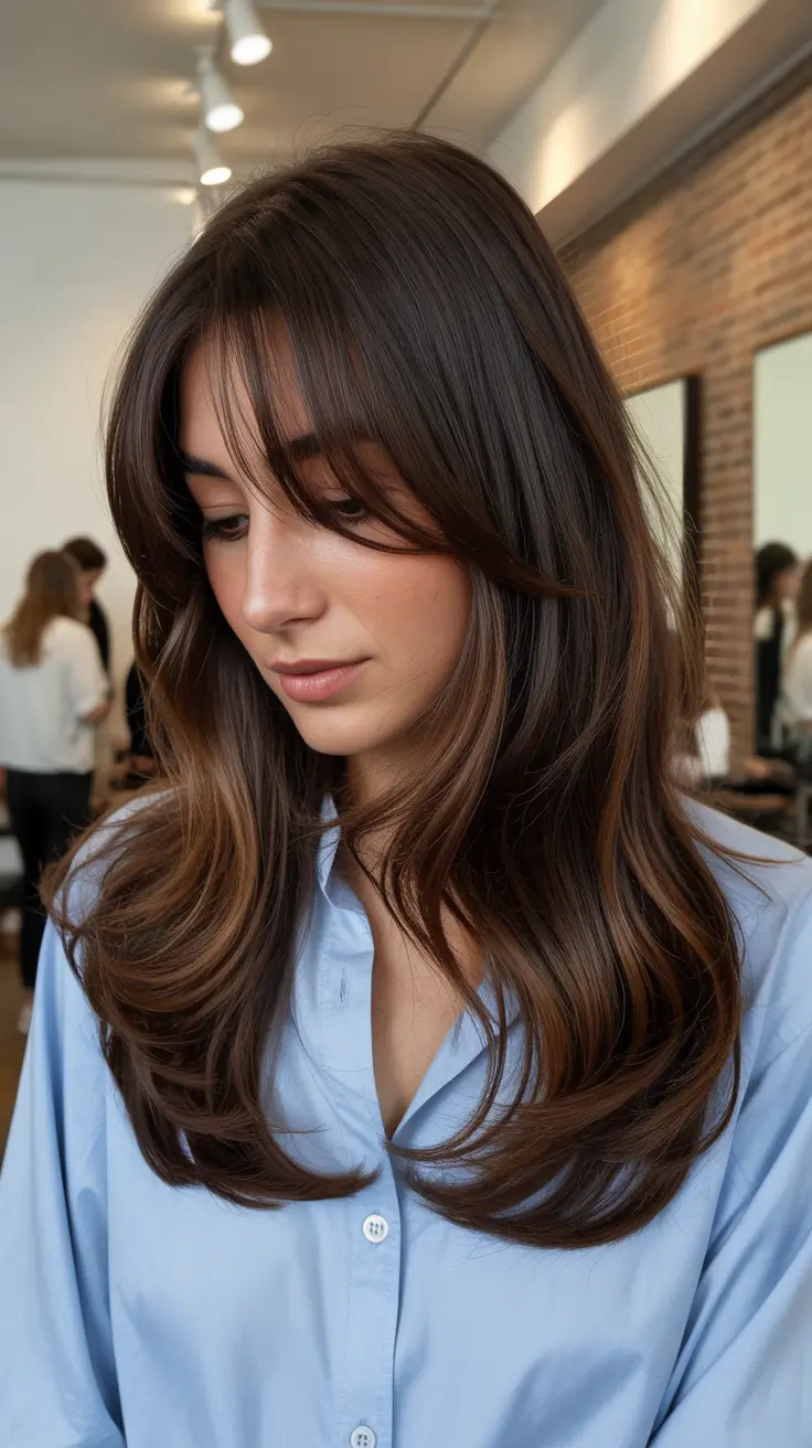 Chocolate brown hair color 2026 with caramel lights Soft Layers with Honey Depth
