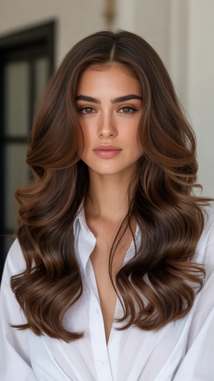 Chocolate brown hair color 2026 with caramel lights Soft Glossy Volume