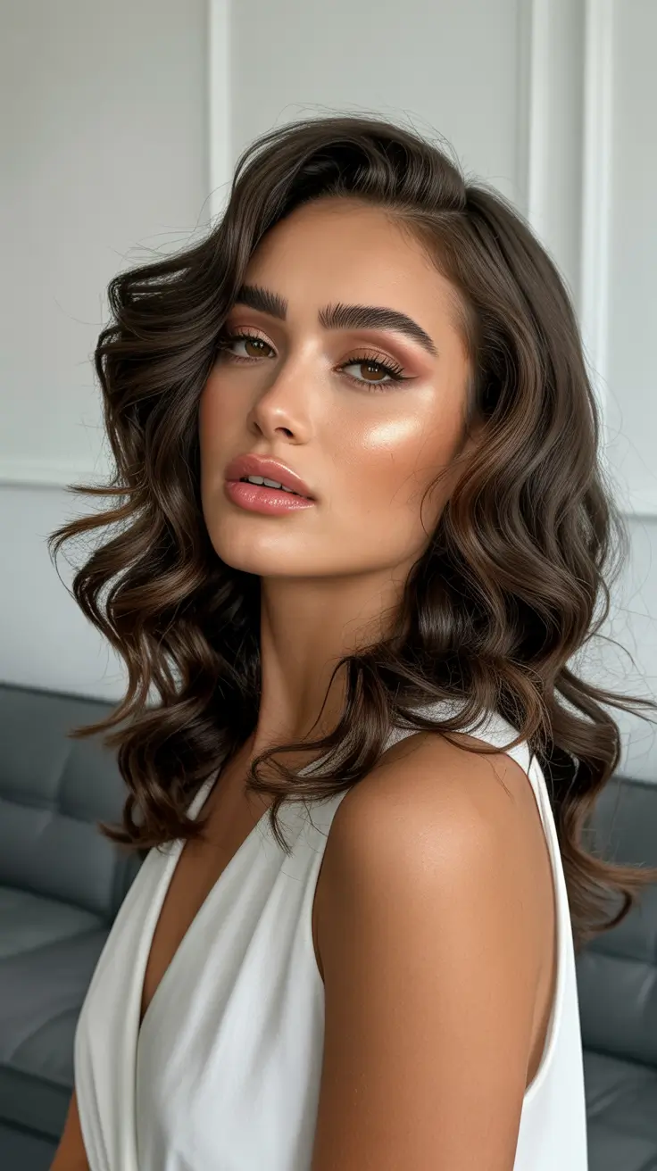 Chocolate brown hair color 2026 with caramel lights Softly Sculpted Curls