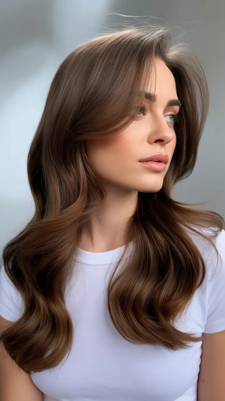 Chocolate brown hair color 2026 with caramel lights Hazelnut Radiance