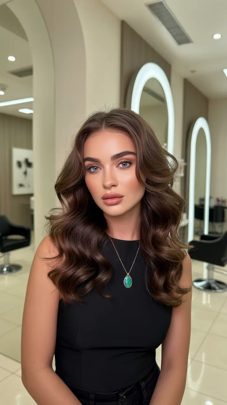 Chocolate brown hair color 2026 with caramel lights Modern Mocha Volume